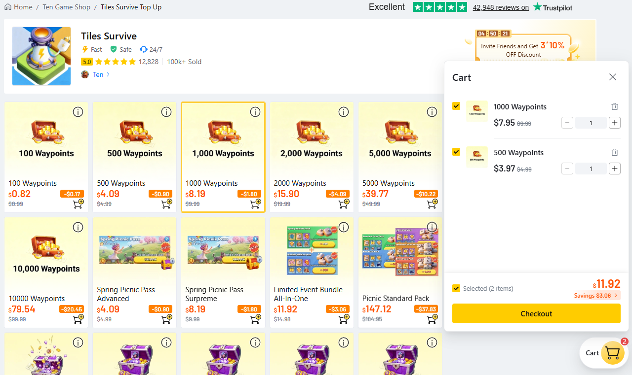 タイルサバイバル カートに複数パックを追加する画面