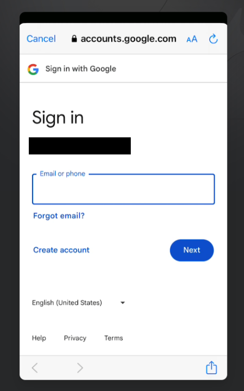 Google アカウント入力画面